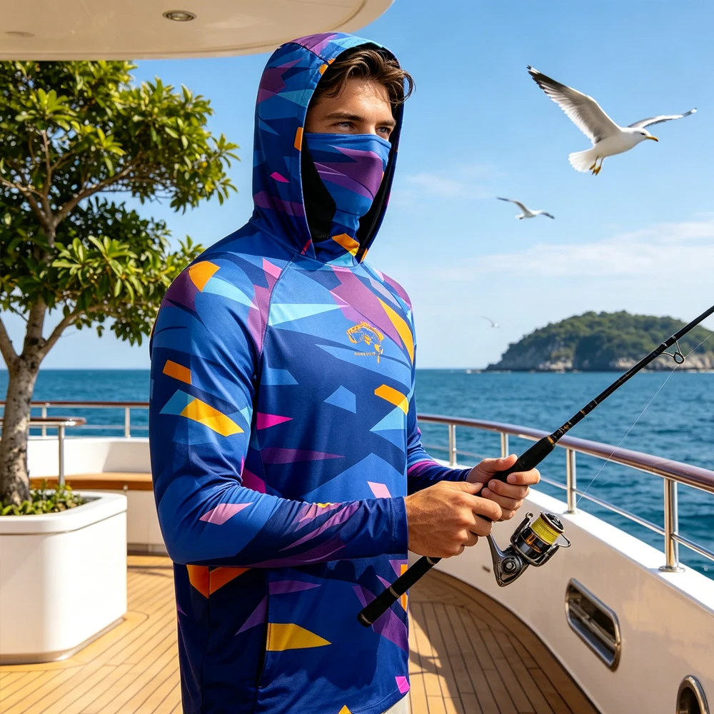 

Fashion Men's Fishing Hooded Shirt Long Sleeve With Face Mask Quick Dry Anti UV Breathable Outdoor Sea Fishing Casual Top