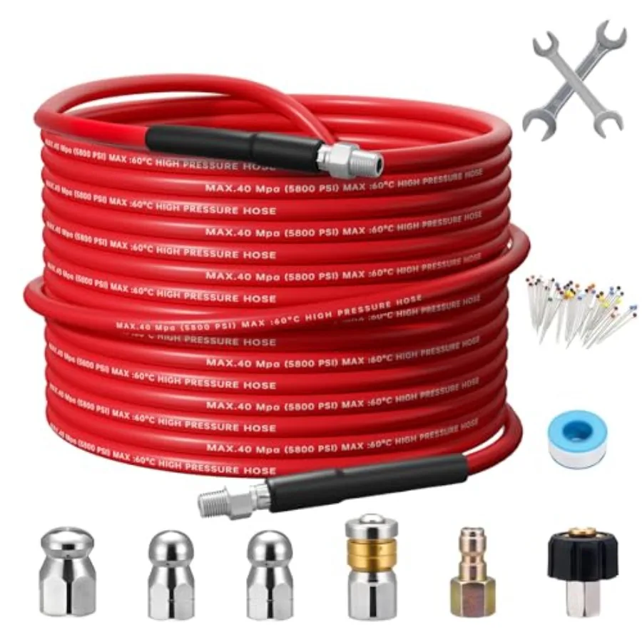 

100Feet Sewer Jetter Kit for Pressure Washer1/4 Inch NPT Corner Max Working Pressure Drain Cleaner Hose 5800 PSI Sewer Blasting