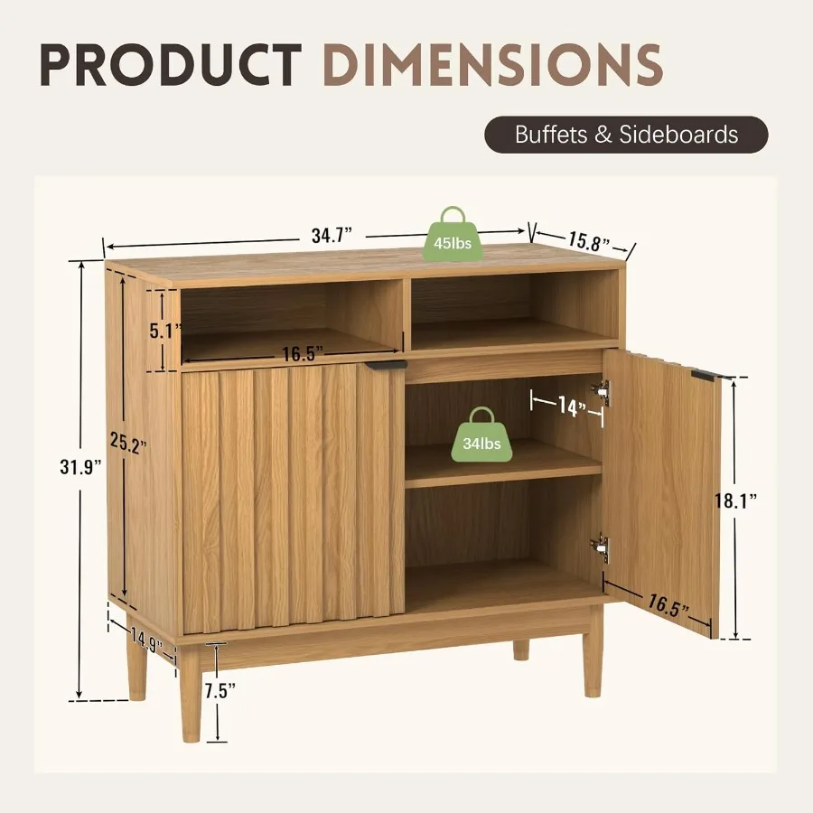 خزانة بوفيه مع خزانة تخزين مخددة، خزانة جانبية مع أرفف قابلة للتعديل، 35 خزانة تخزين بوفيه مطبخ كبيرة مع #2