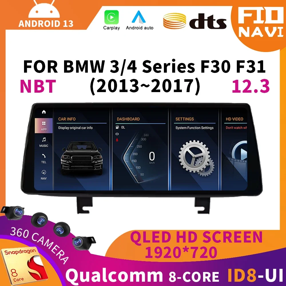 

FIOCarplay 4G 12.3'' 8G+256G 2din Android13 Car Radio for BMW 3/4 Series F30 F31 2013 - 2017 NBT Multimedia Video Player Autorad