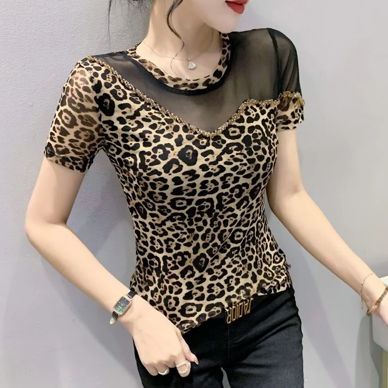 # 5239 Summer Leopard T Shirt Women Spliced Mesh Sexy Vintage Skinny T Shirt Female O-neck Diamonds Short Sleeve T-shirts Retro