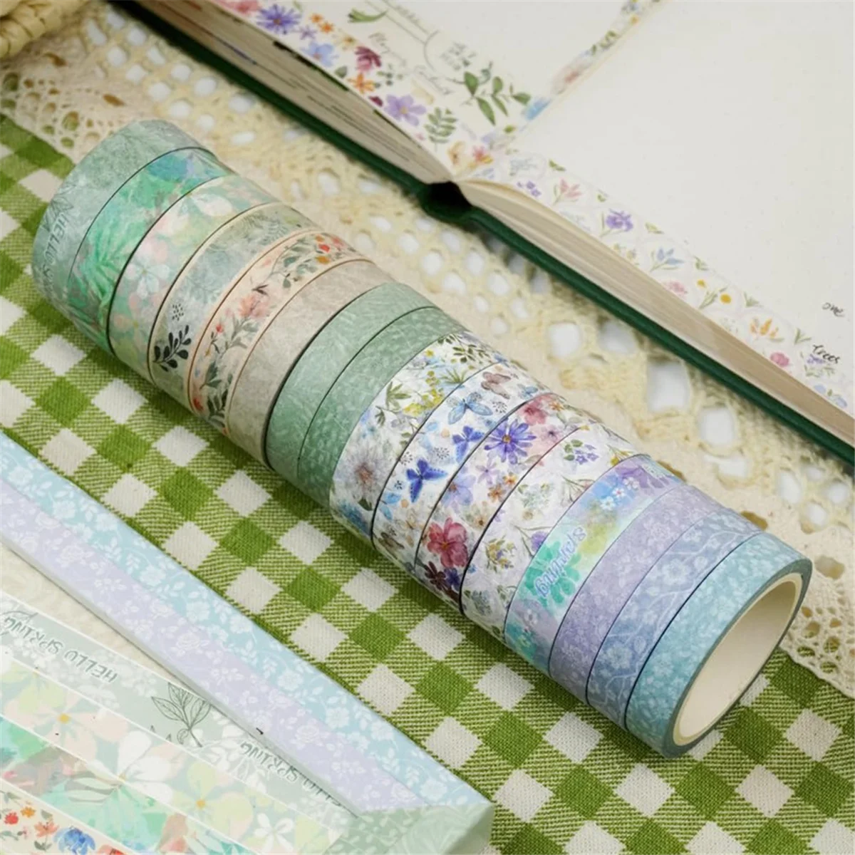 مجموعة شريط اشي الزهور SEMOIC مكونة من 16 لفة، ملصق ورق زينة على شكل زهرة الربيع لمجلة القصاصات المخططة DIY Arts Craft