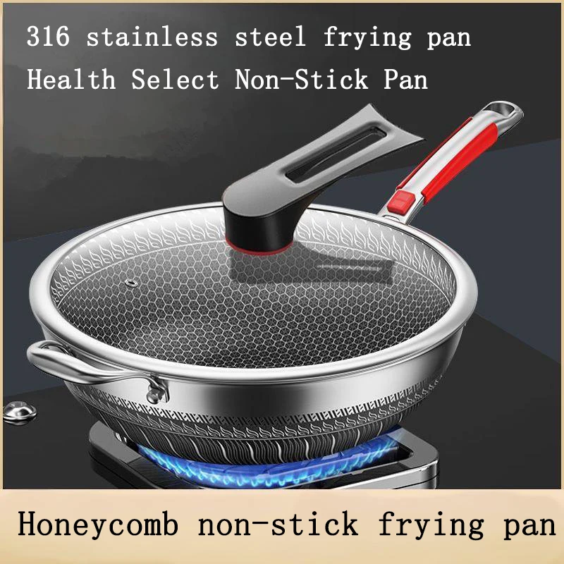 

316 Stainless Steel Wok Non-Stick Home Use Induction Cooker Gas Stove Compatible Pan Without Coating Honeycomb Design frying pan
