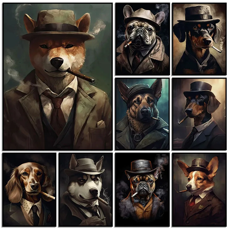 Cool Funny Animal in Suits Smoking Poodle French Bulldog Gangster Art Poster Canvas Painting And Prints Picture Room Home Dec