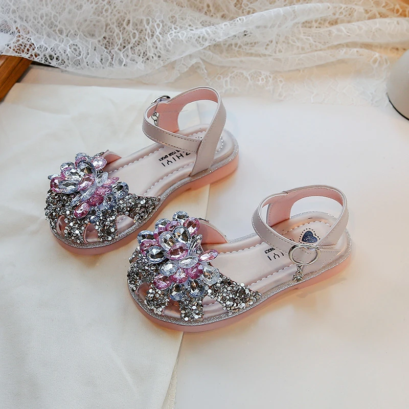 

New Sweet Princess Shoes with Rhinestones Korean Style Fashion Children's Crystal Shoes Girls' Sandals Soft and Comfortable