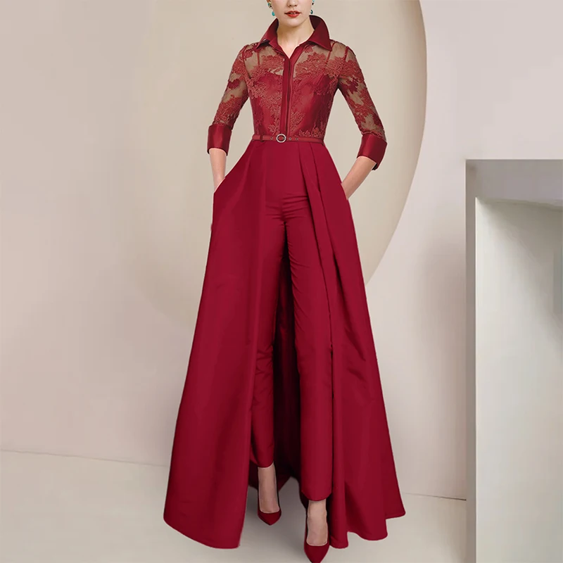 

3 Pieces Red Mother of the Bride Dresses Pantsuit Satin Lace Appliques Floor-Length A-Line Wedding Guest Party Evening 2023 New