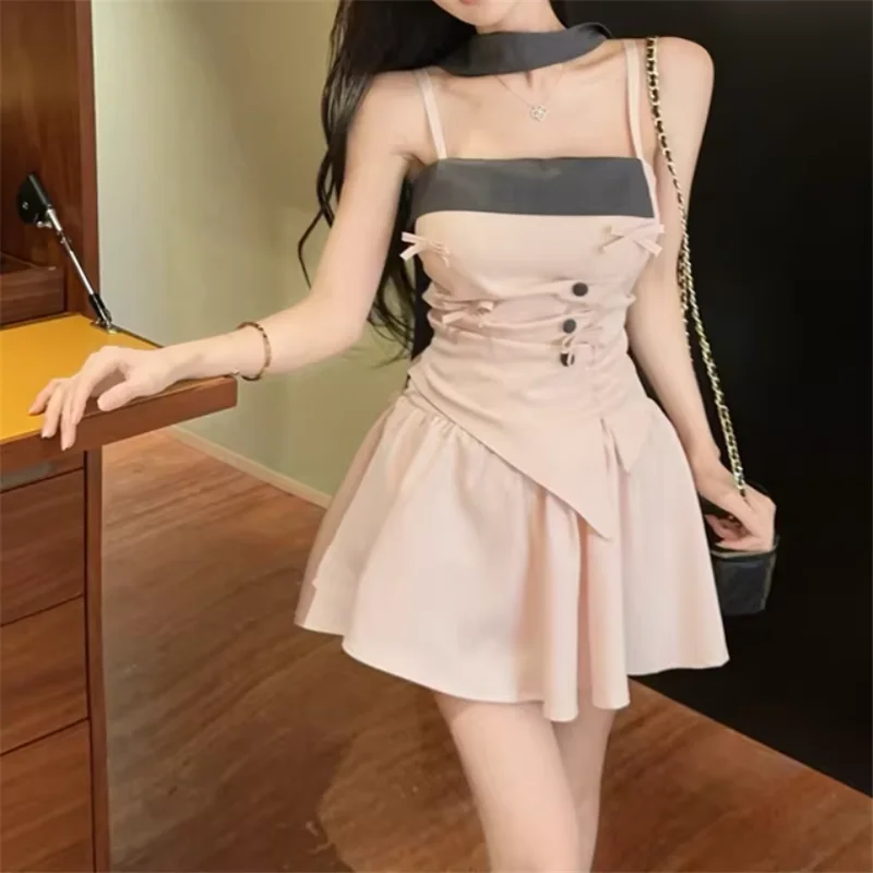 

French Style Pink Lady Two Pieces Sets New 2026 Summer Bow Short Irregular Camis Top&A Line Mini Skirt Hotsweet 2 Pieces Suits