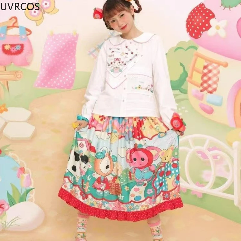 Blue Stripe Midi Skirt Women Sweet Cartoon Print Candy Color A-Line Long Skirts Female Korean Harajuku Kawaii Y2k Party Skirts