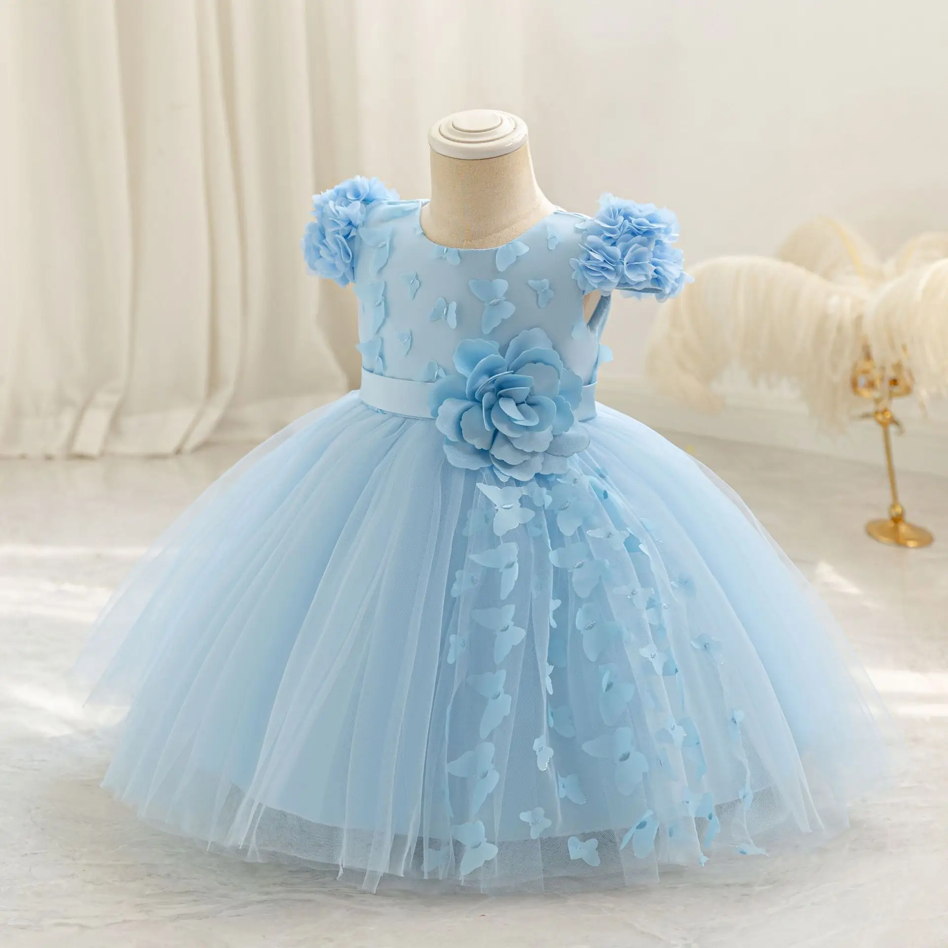 HETISO Baby Girl Butterfly Dress Sky Blue Kids Cute Tutu Sweet Holiday Ball Gown Summer Children's New Year Costumes 1-5Y