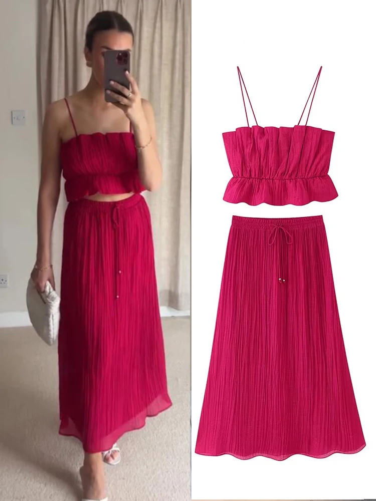 

HH женский элегантный плиссированный комплект с открытой спиной и коротким топом без рукавов + эластичный пояс с бантом на шнуровке, летняя юбка-миди