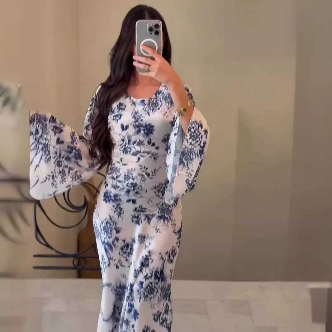 

French - Style Women's Fashionable Long Skirt, A High - Waisted, Slimming, Long - Sleeved Dress with Patterns for Summer.