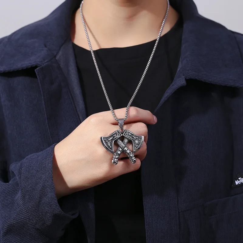 Classic Viking Double Axe Pendant Chain Mens Vintage Stainless Steel Nordic Wolf and Eagle Necklace Amulet Scandinavian Jewelry