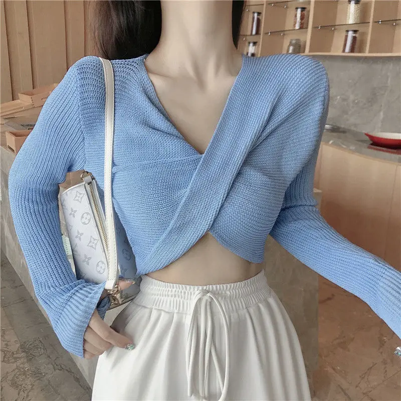 Long Sleeve Pullovers Women Criss-Cross Knitted Cropped Hot Girls Korean Style Solid Buckle Crop Tops Chic Ins Sexy Elegant