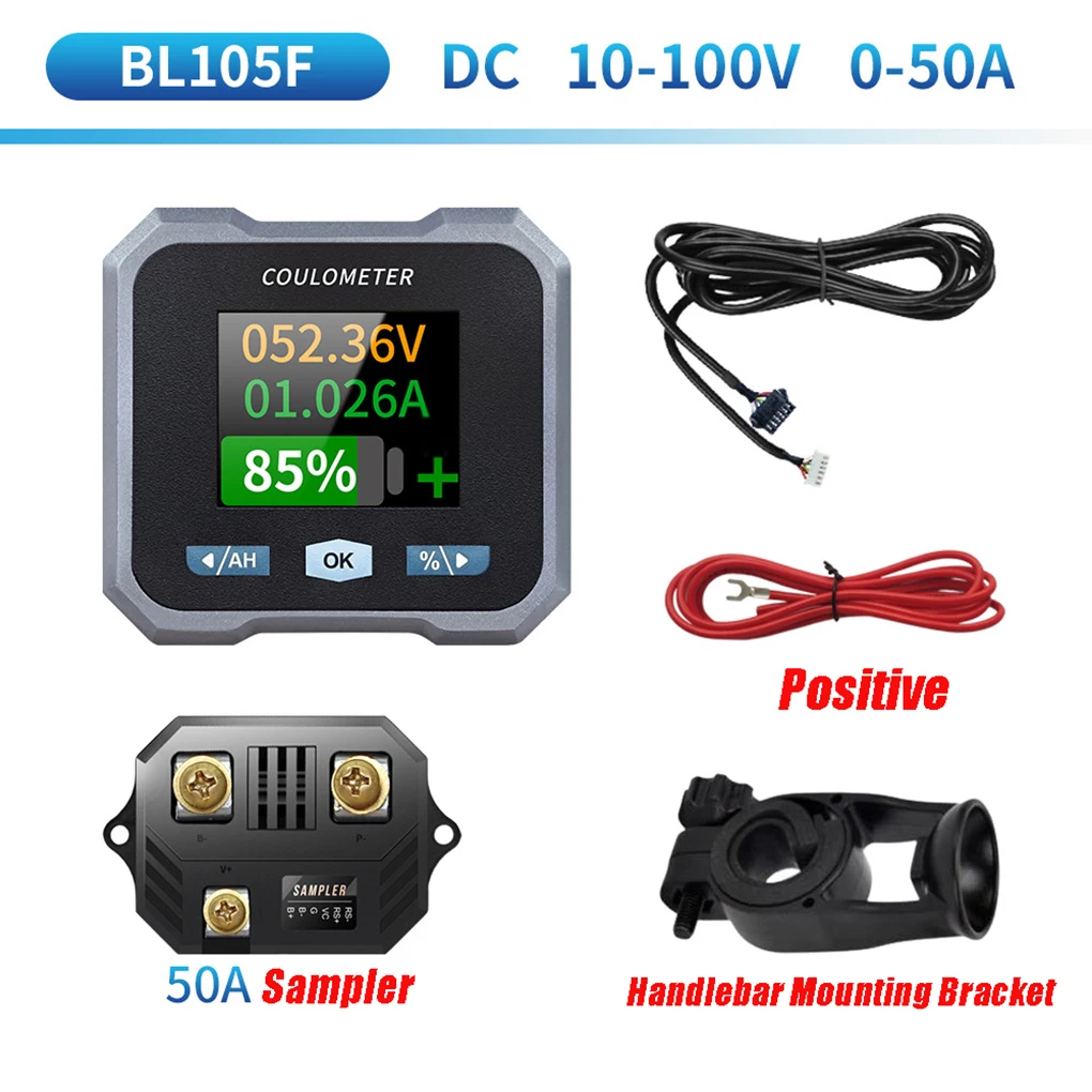 Smart Battery Monitor with Shunt 1.8in LCD Display Bluetooth-compatible Voltmeter Ammeter Voltage Current Meter for 10-100V 50A