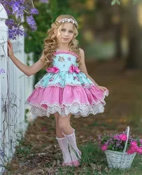 0-12Y Baby Girl Summer Blue Floral Turkish Vintage Lolita Princess Ball Gown Dress for Birthday Holiday Casual Eid B144