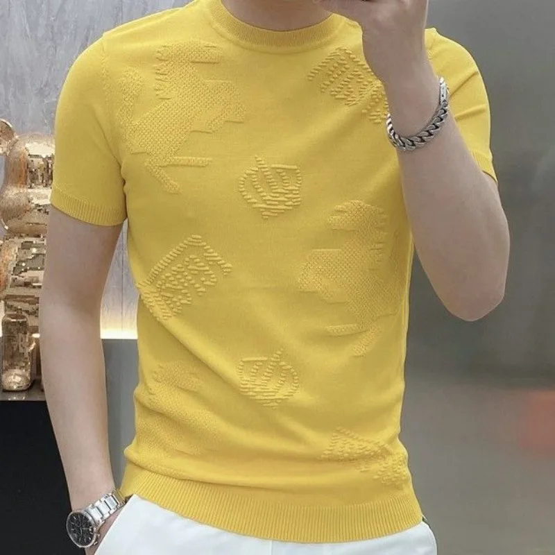 2024 New Korean Style Fashion Summer Round Neck Men\'s Solid Color Jacquard Minimalist Trendy Slim Fit Short Sleeve T-shirt Tops