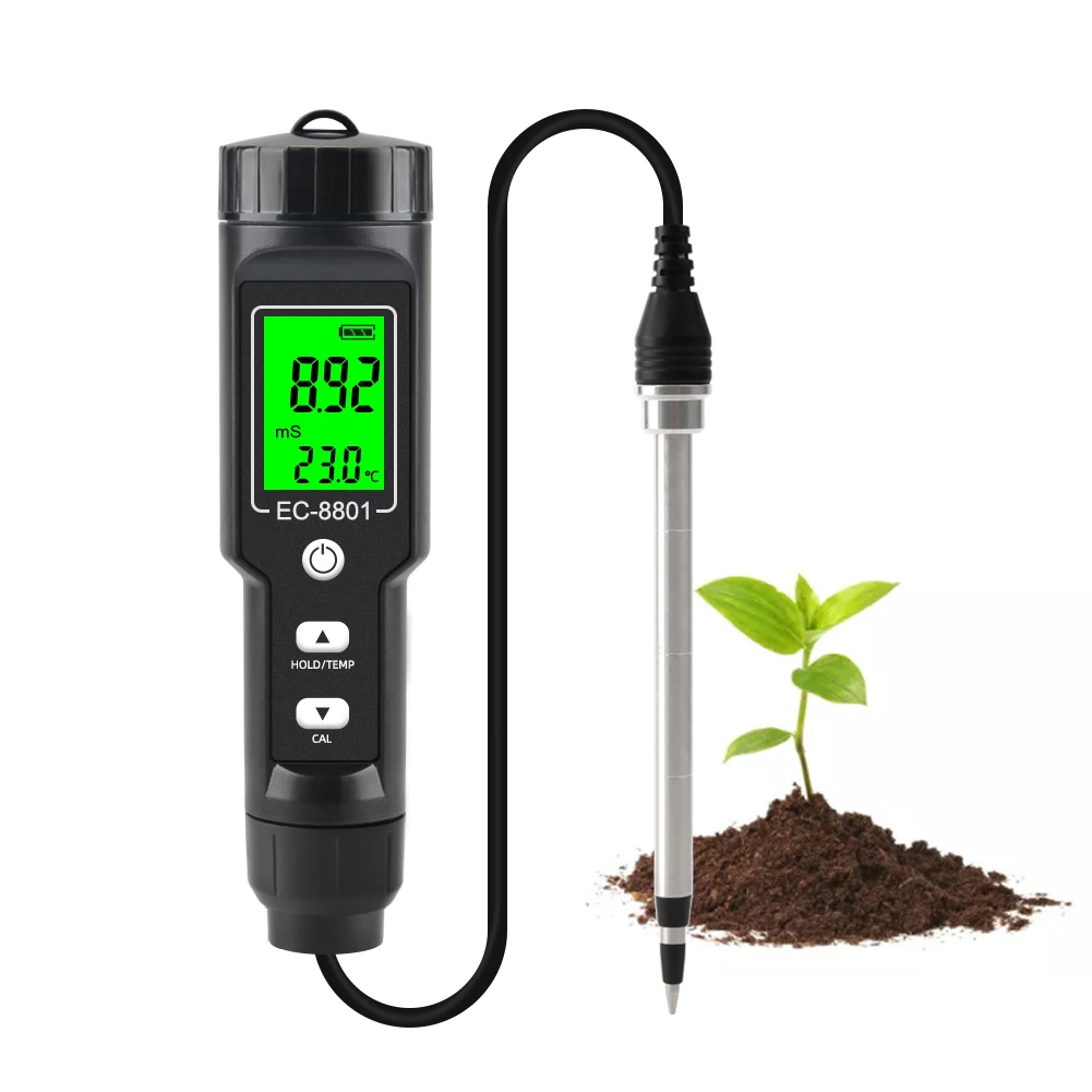 Digital EC/Temp Soil Tester 0.00~10.00mS/cm Conductivity Meter Waterproof Sensor Earth Analyzer with ATC Planting Garden Outdoor