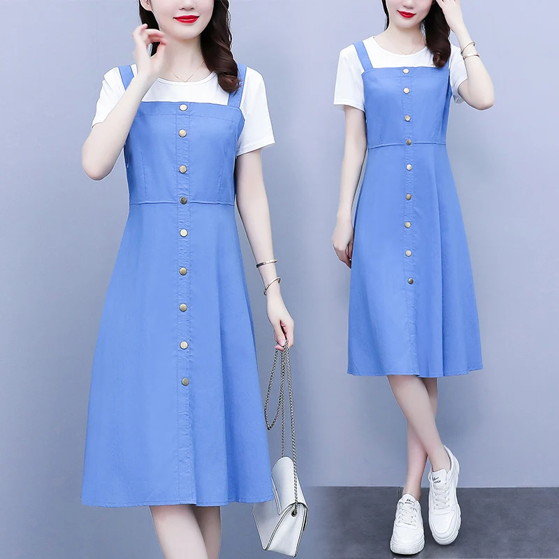 Women T-shirt Dresses Summer Female O Neck Short Sleeve Large Size Elegant A Line Blue Fake Two Pieces Single-breasted Vestidos