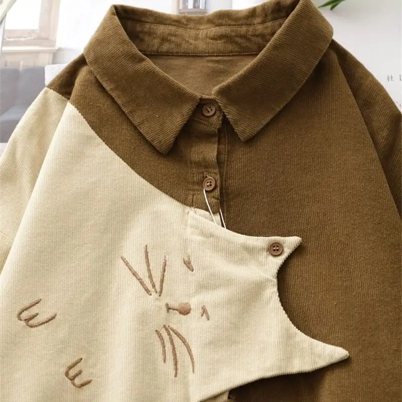 Age-Reducing Cartoon Cat Long-Sleeved Shirt Sweet Loose Contrasting Versatile Top 2025 New
