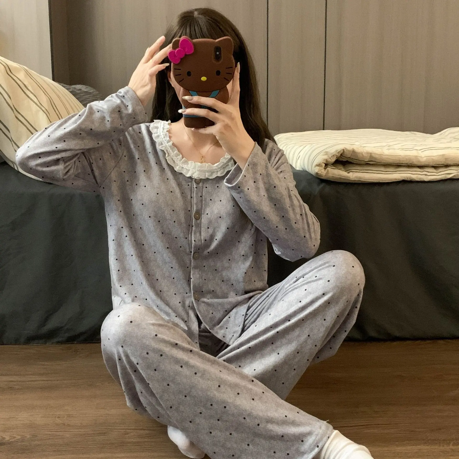 

Women's Sleepwear Set With Chest Pad Round Neck Long Sleeve Fleece Lined Lace Trimmed Long Pants Cardigan Home Clothes Winter Wa