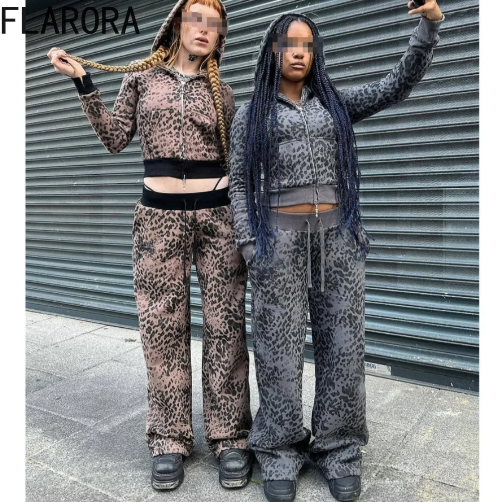 FLARORA Vintage Leopard Printing Two Piece Sets Woman Embroidery Hoodie Zipper Tops And Drawstring Pants Outfits Y2k Streetwear