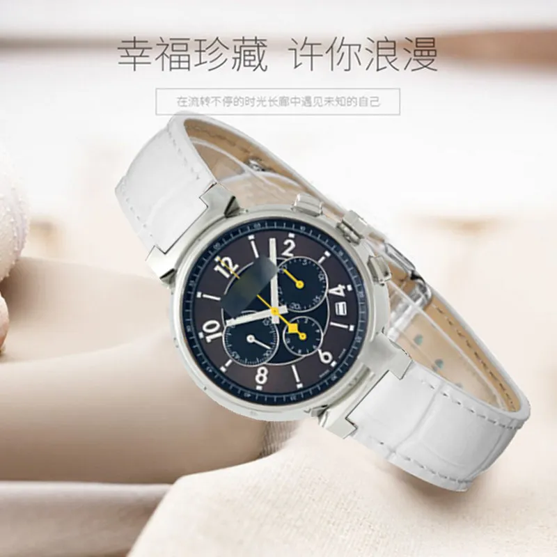 Suitable for Louis Vuitton Men's and Women's Cowhide LV Strap Tambour Series Leather Convex Butterfly Buckle Watch Chain 12mm