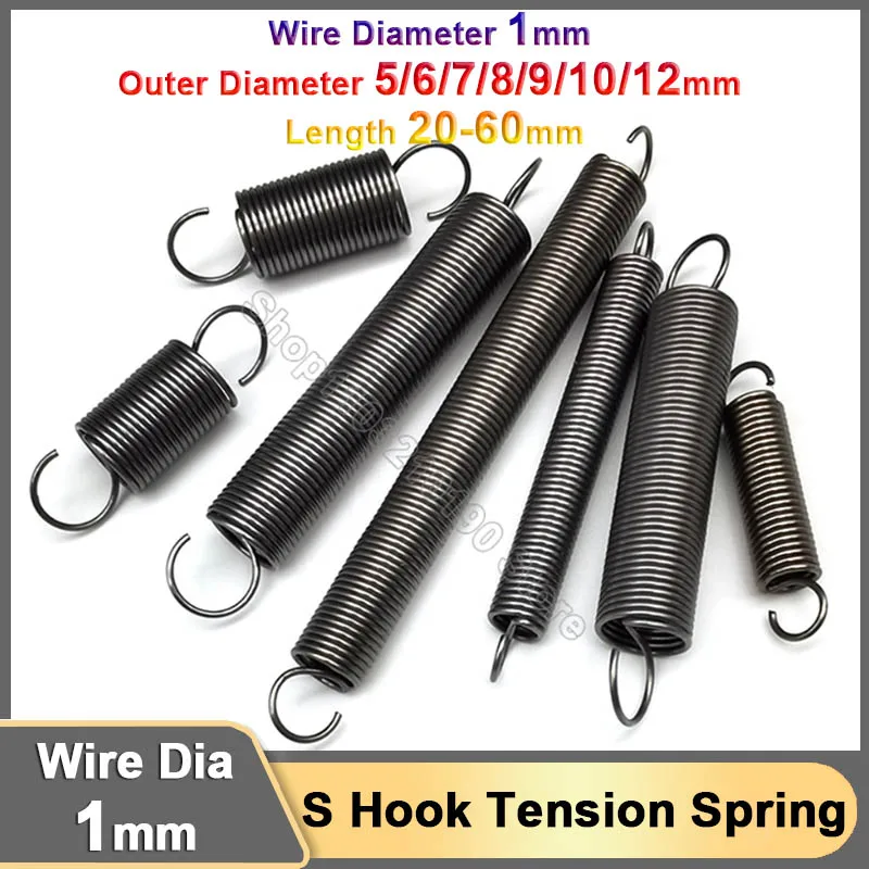 

1mm Open S Hook Tension Springs Tensile Spring Steel Coil Extension Expansion Stretching Spring OD 5 6 7 8 9 10 12mm L 20-60mm