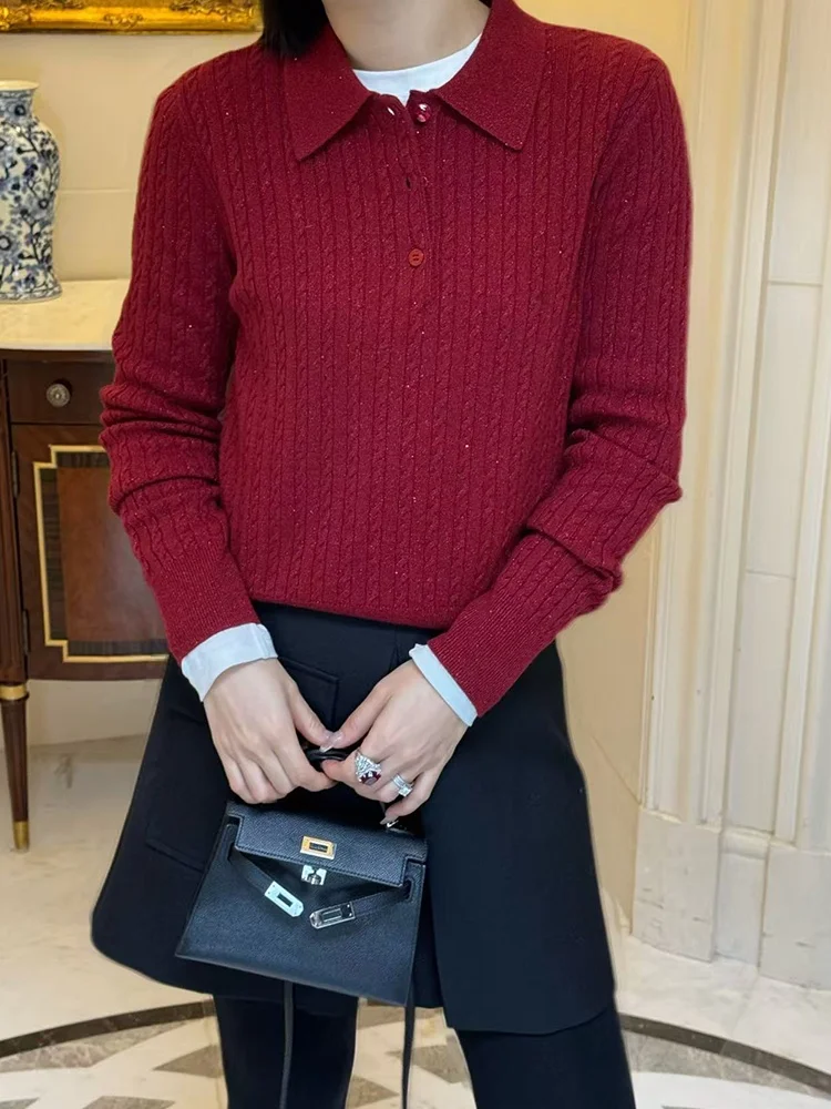 

Красный вязаный топ с длинными рукавами в винтажном стиле, шерстяной, для весны и осени, новогодняя модная женская вязаная кофта