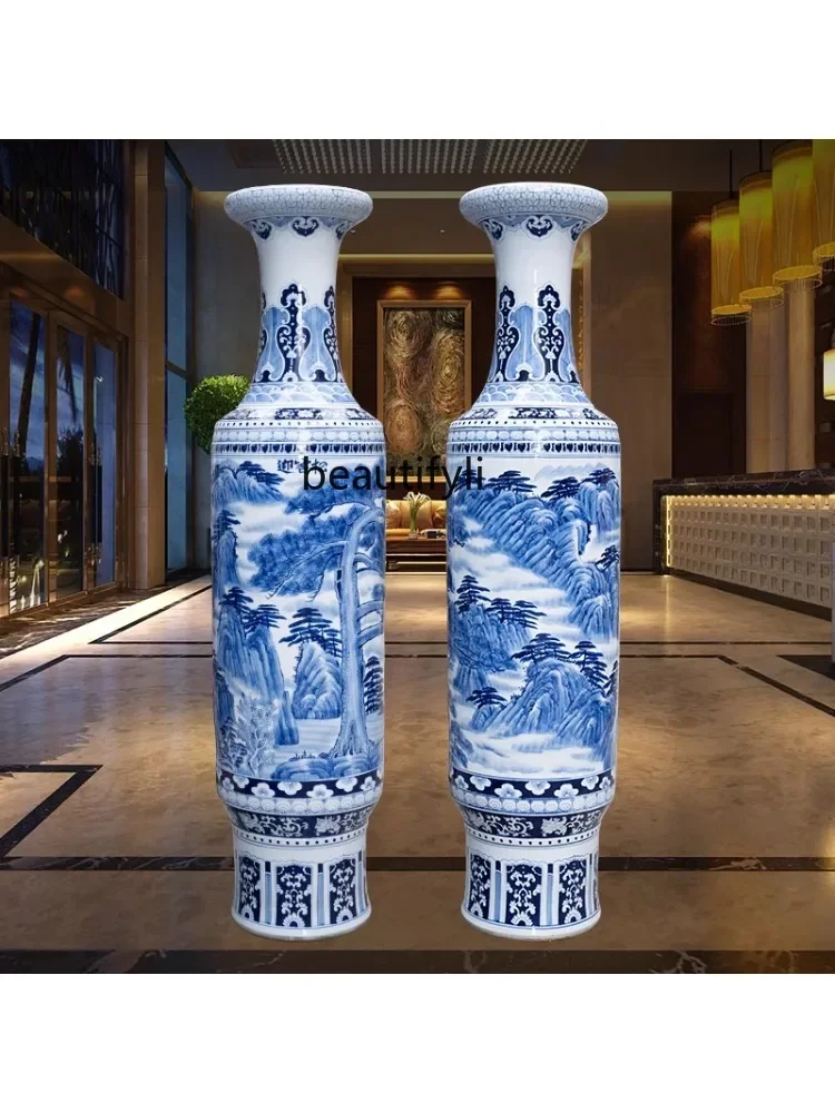 Hand Painted Welcome Pine Blue and White Porcelain Floor Extra Large Vase Ceramic Living Room and Hotel Company Ornaments