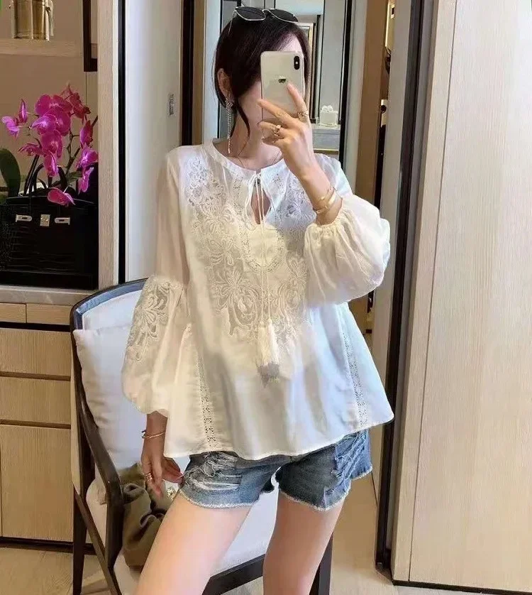 Tops Fashion Blouses Shirt 2024 Spring Women Luxurious Embroidery Lantern Sleeve Casual Loose Tops Shirt Cotton Blouses