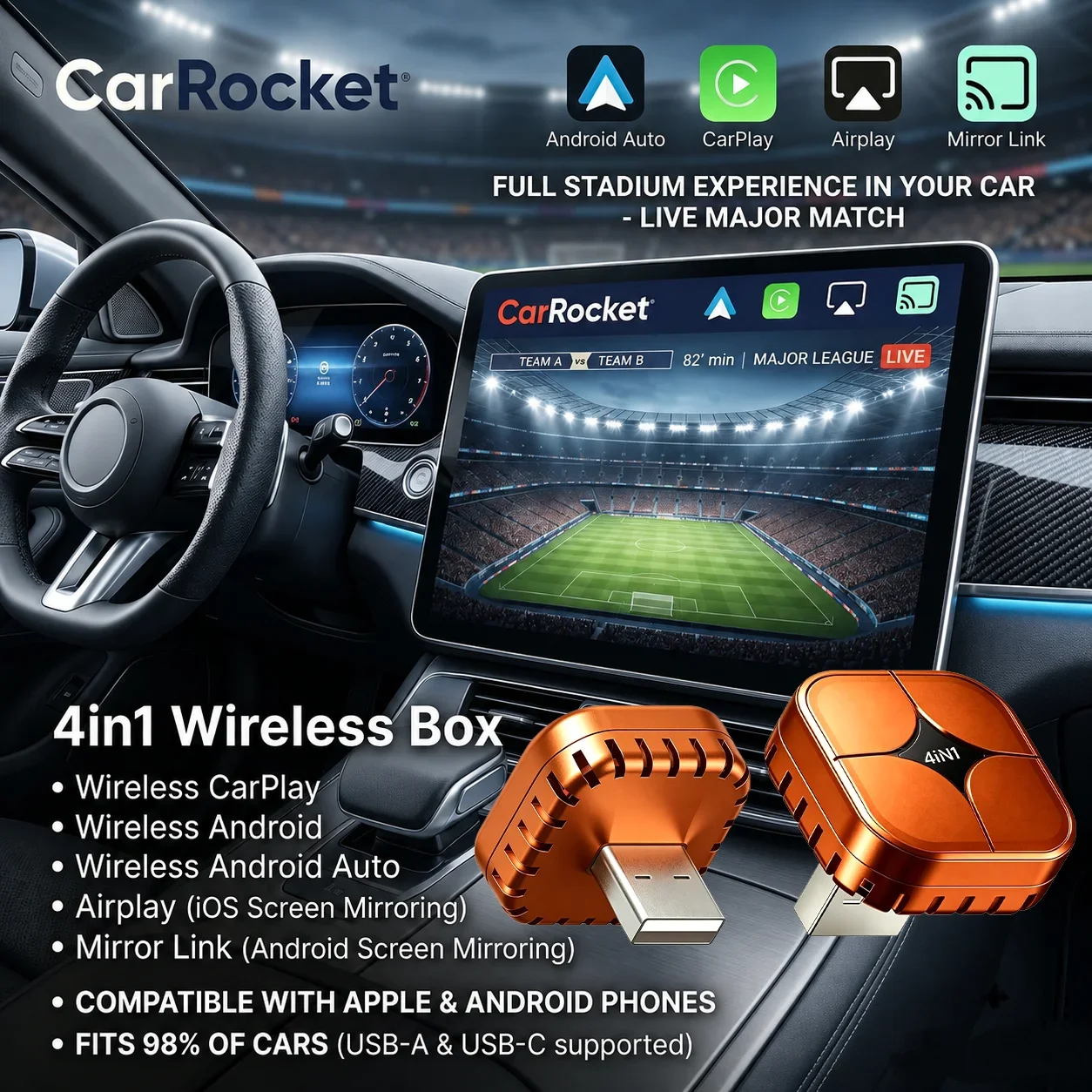 2026 CarRocket 4in1 New Carplay Adapter Wireless Android Auto Mirror Link Smart MiNi AI Box USB Plug and Play Auto Connect WiFi - view 5