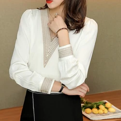 2025 Fashion Woman Blouse Stylish Autumn Office Lady Elegant Tops Spring Korean Lace Long Sleeve V Neck White Shirts 13366