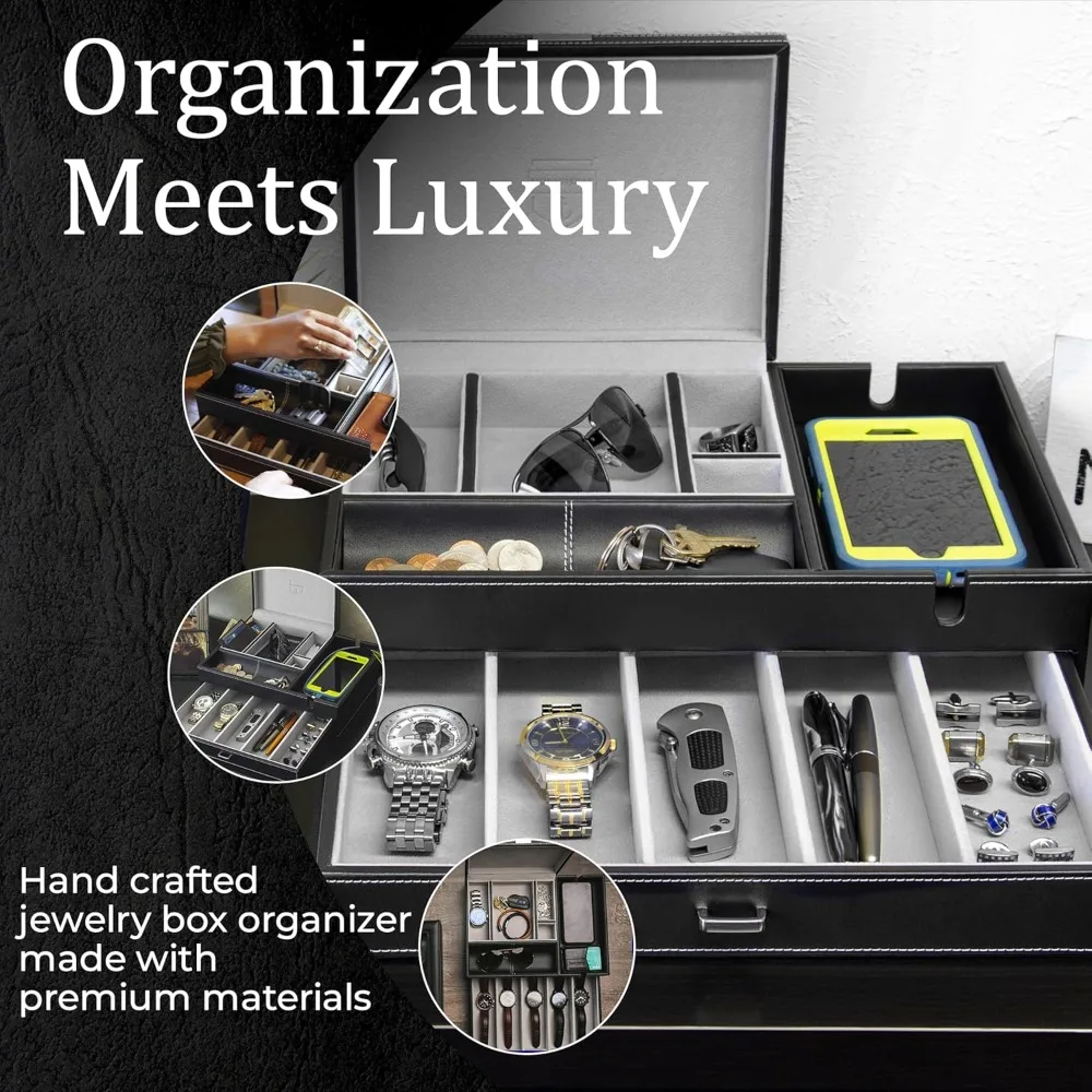 

Mens Watch Box Leather Valet Tray - Bedside Table Organizer, Men's Jewelry Box,Watch Case for Men with Large Smartphone Charging