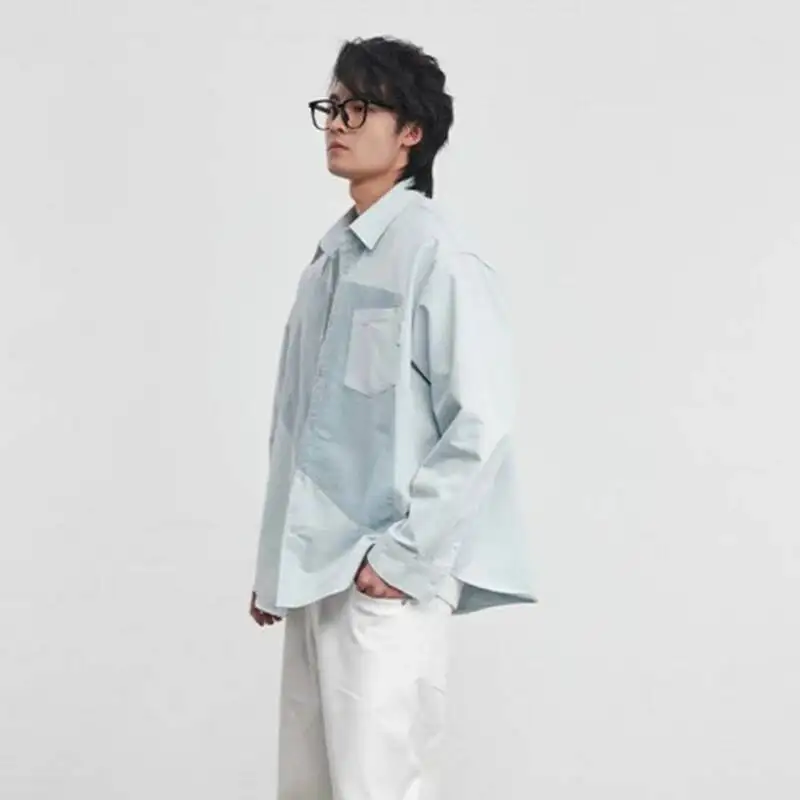 Summer 2026 Spring Logn Sleeve Men's Shirt Light Blue Colorblock Patchwork Single Breasted Turn Down Collar Top 845J