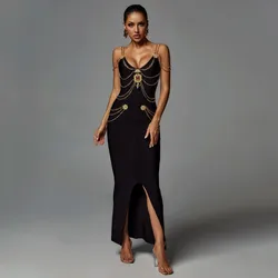 Black White Ladies HL Bandage Strap Metal Embellishment Maxi Bodycon Long Dress Celebrity Fashion Red Carpet Outfit High Quality