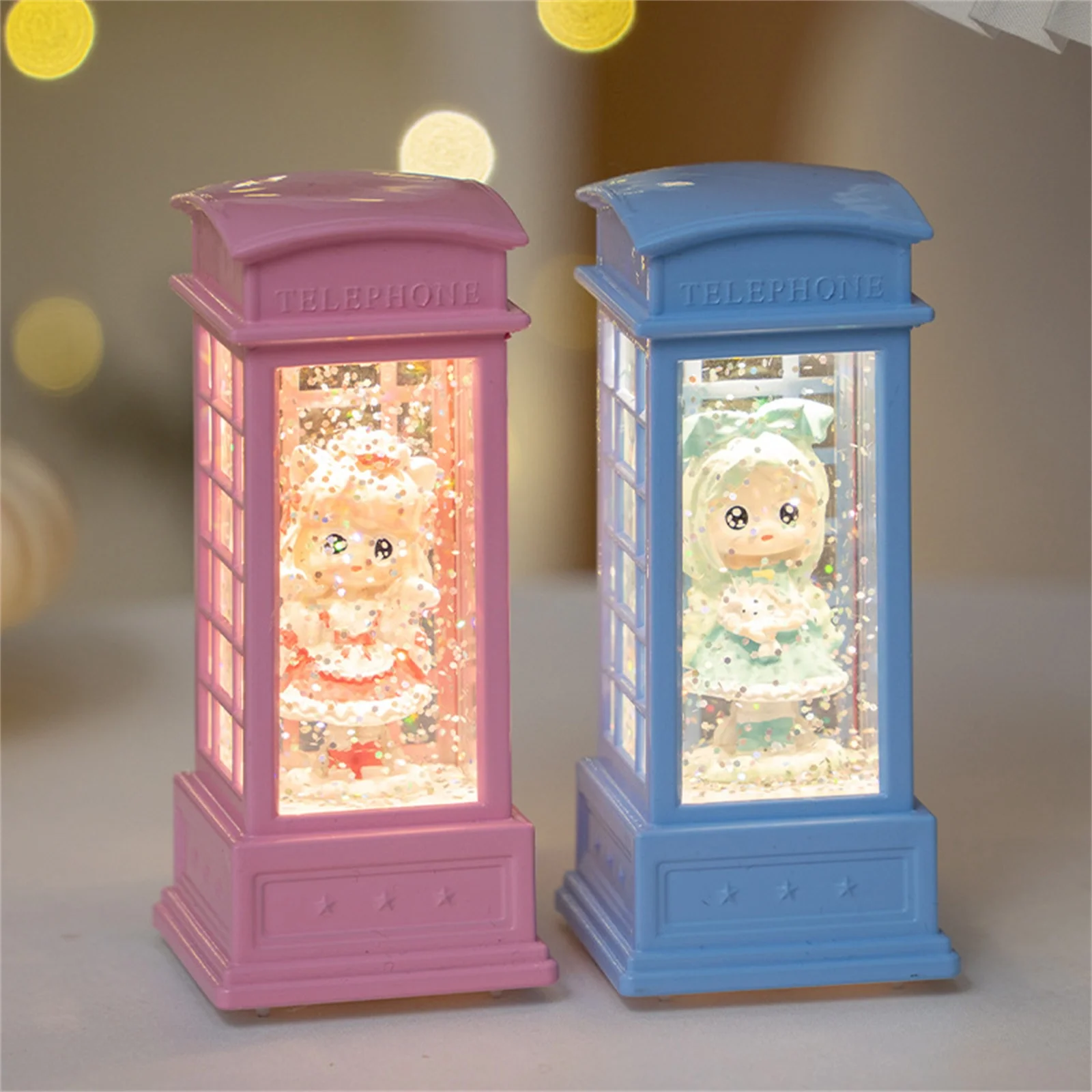 Cabine de telefone cheia de água para meninas, luz de vento, decoração de natal, cabine de telefone luminosa, luz noturna criativa, presentes de natal