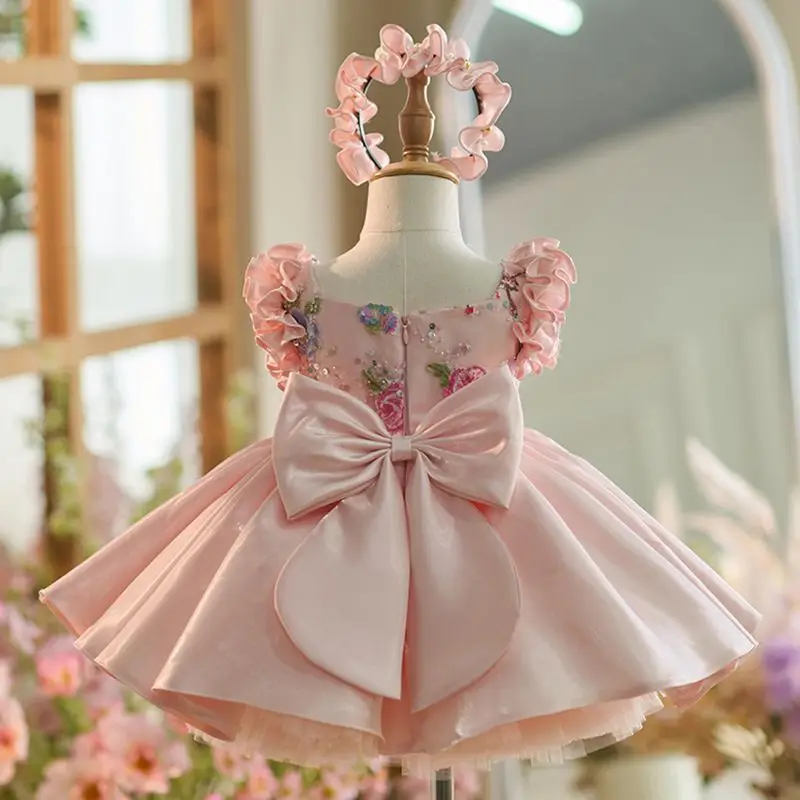 2026 New Birthday Princess Bow Dress Little Girl Pink Puff Sleeve Costume for Piano Performance One Year Old Celebration Dress