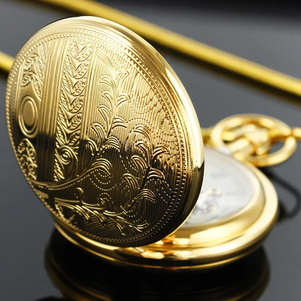 Golden Copper Mechanical Self-Wind Men's Pocket Watch Antique Gift Moon phase Roman Numerals Dial Fob Chain Pendant Timepiece