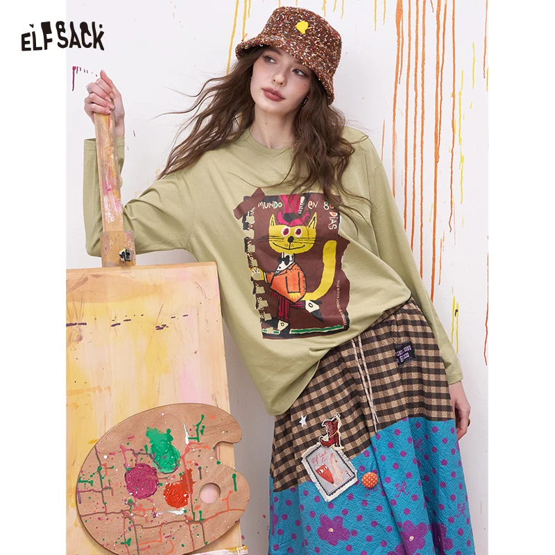 

ELFSACK Khaki Cartoon Cat Print Long Sleeve T-Shirt for Women