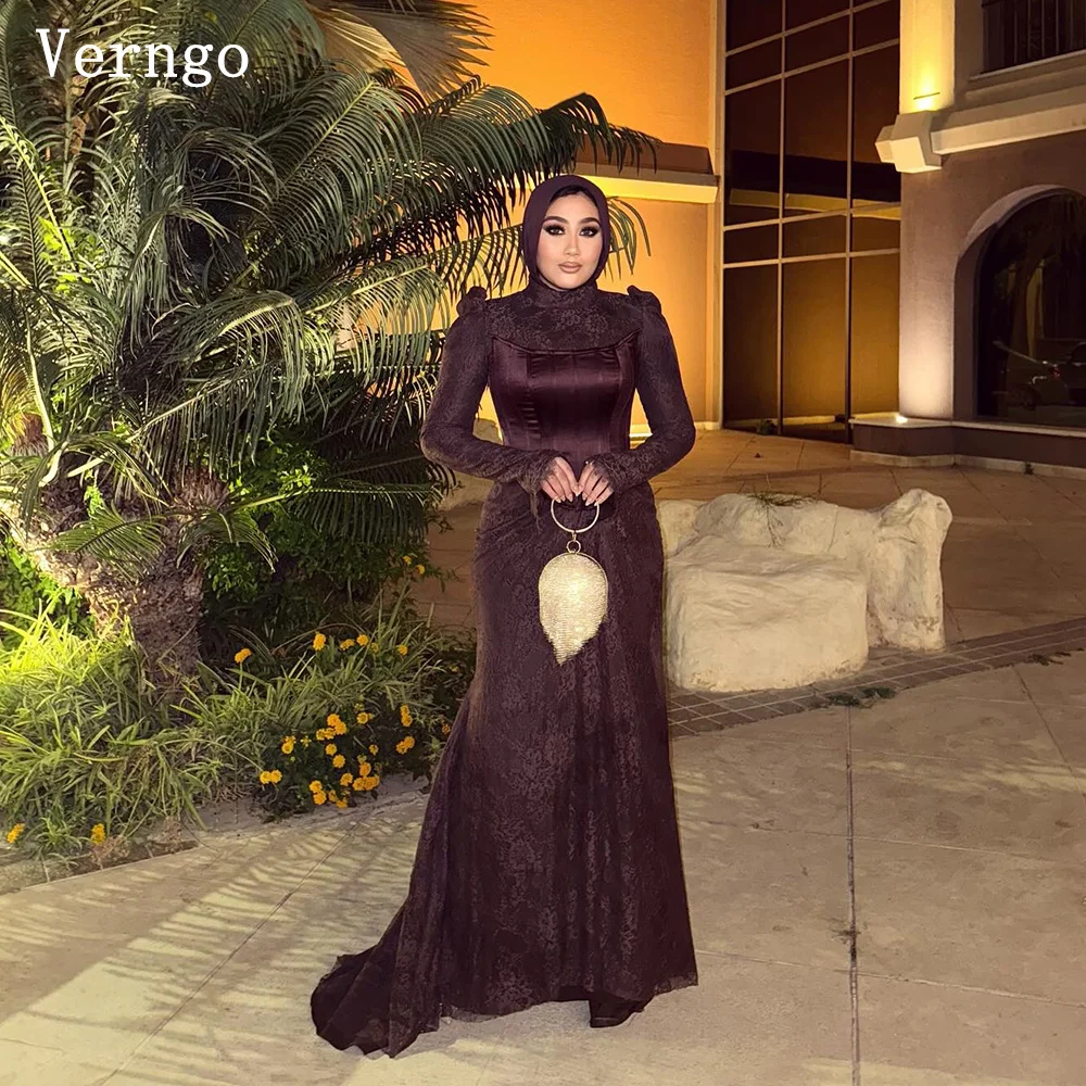 

Verngo Brown Lace Evening Dresses High Neck Mermaid Formal Occasion Dress Women Elegant Maxi Prom Gowns Customized