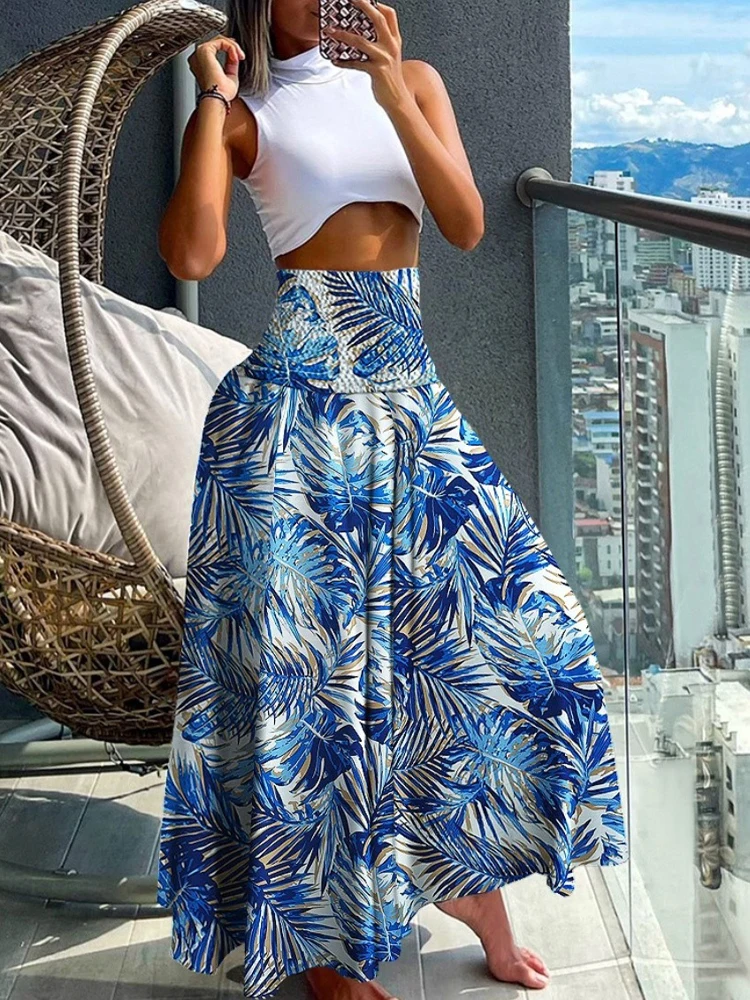 Boho impressão saias longas para as mulheres 2024 verão casual elástico de cintura alta a linha grande balanço vestido férias praia festa saia robe