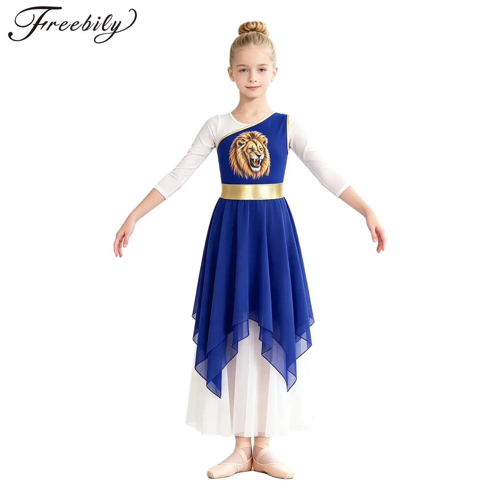 Kids Girls Praise Liturgical Worship Dance Dress Choir Lyrical Dancewear One Shoulder Lion Printed Irregular Chiffon Hem Dresses