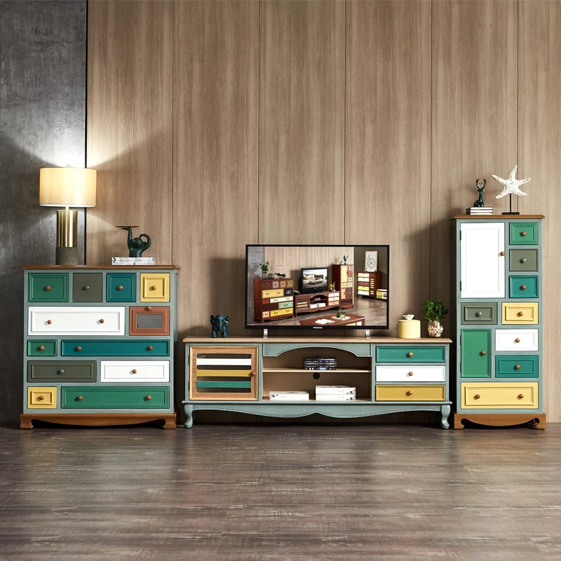 

American country living room TV cabinet coffee table combination small apartment storage floor cabinet