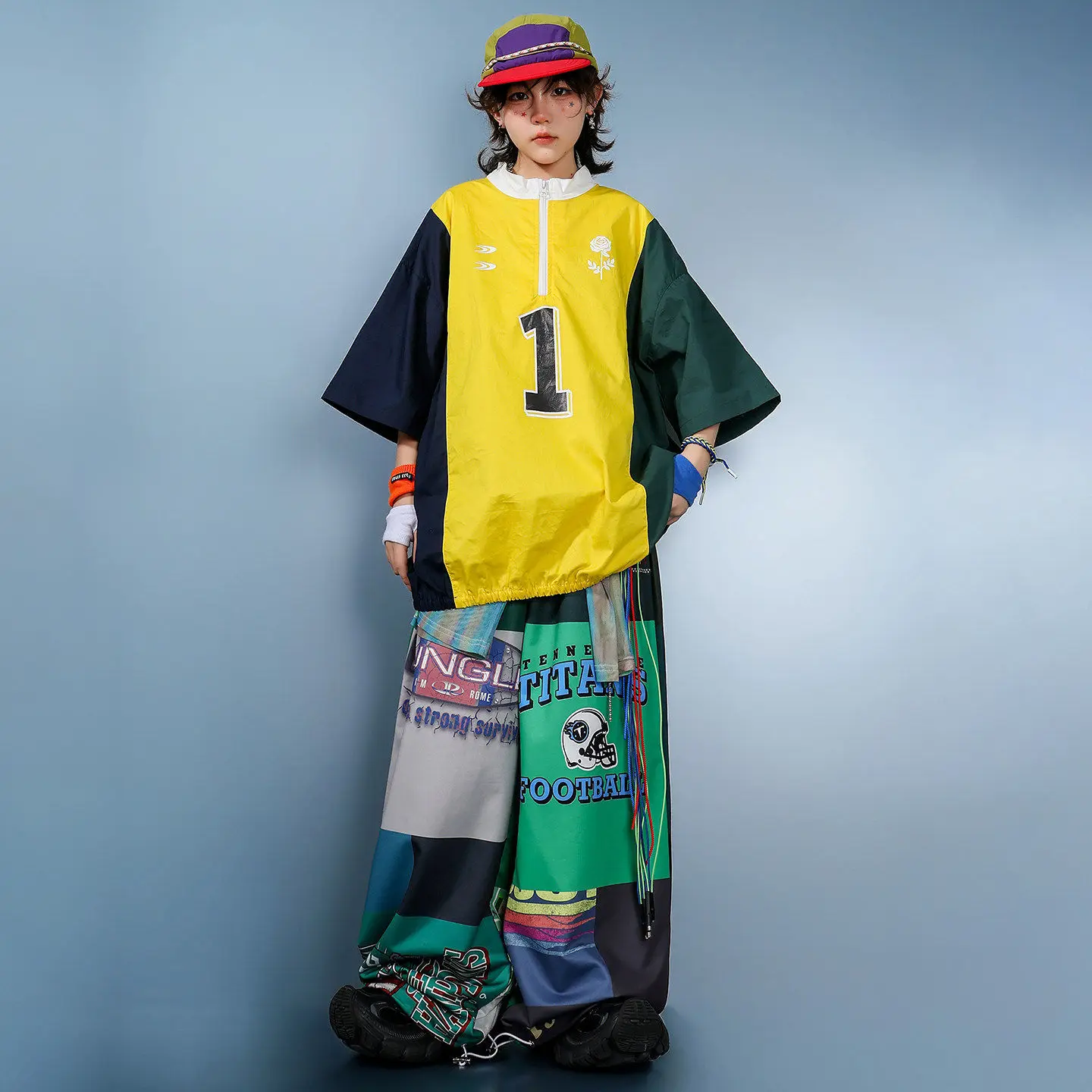 Kids Color Block Half Zip Jersey Print Oversized Hip Hop Street Dance Top Boys Girls Retro Contrast Stage Performance Costumes