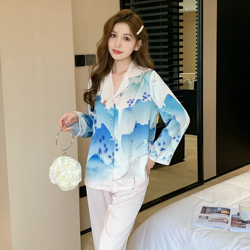 Pajamas Women's Spring Autumn Thin Satin Long Sleeved Pants 2PCS Sleepwear Lapel Printed Cardigan Home Wear Loose Loungewear