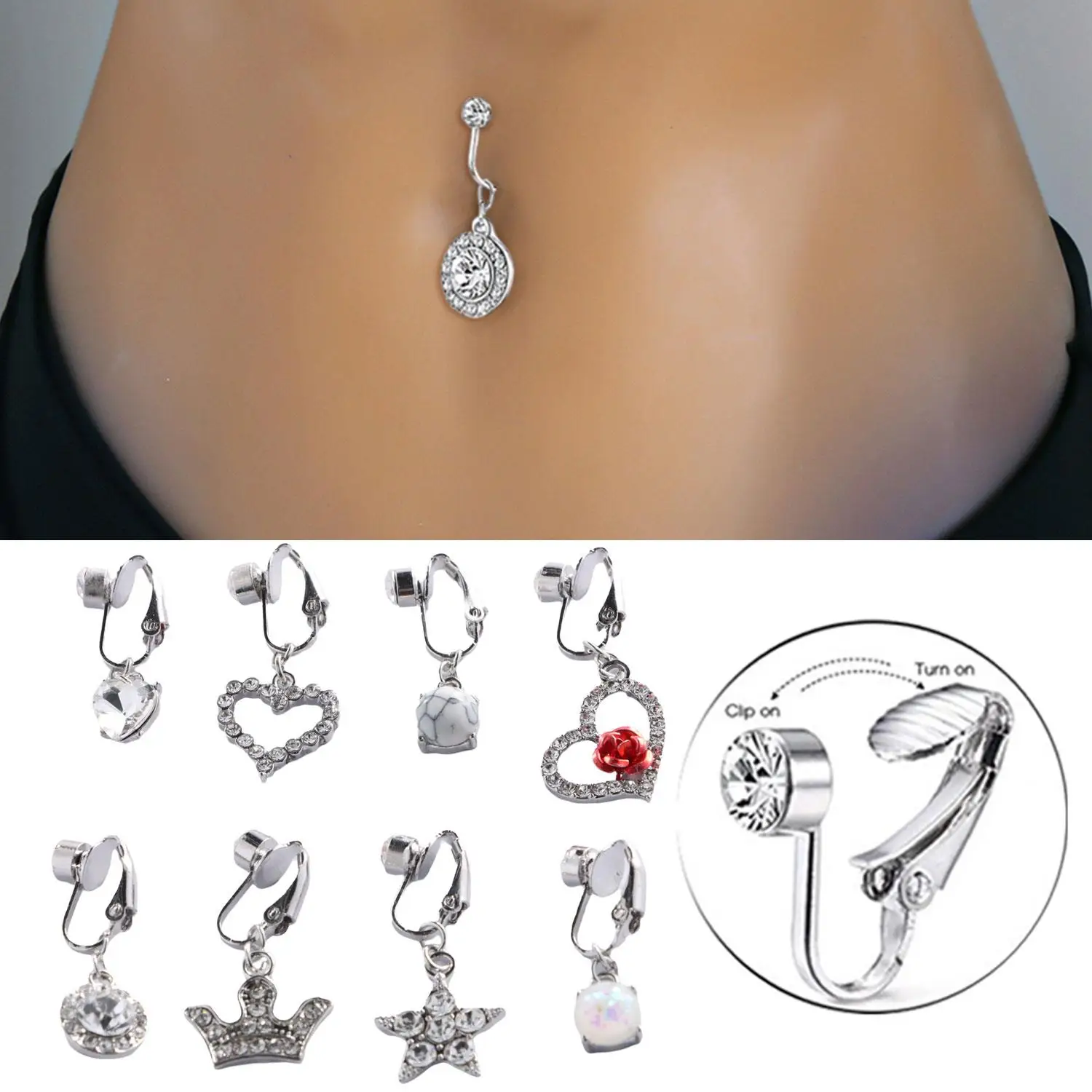 1PC Fake Belly Ring Heart Shape Fake Belly Piercing Clip On Umbilical Navel Belly Button Cartilage Clip On Earrings Body Jewelry