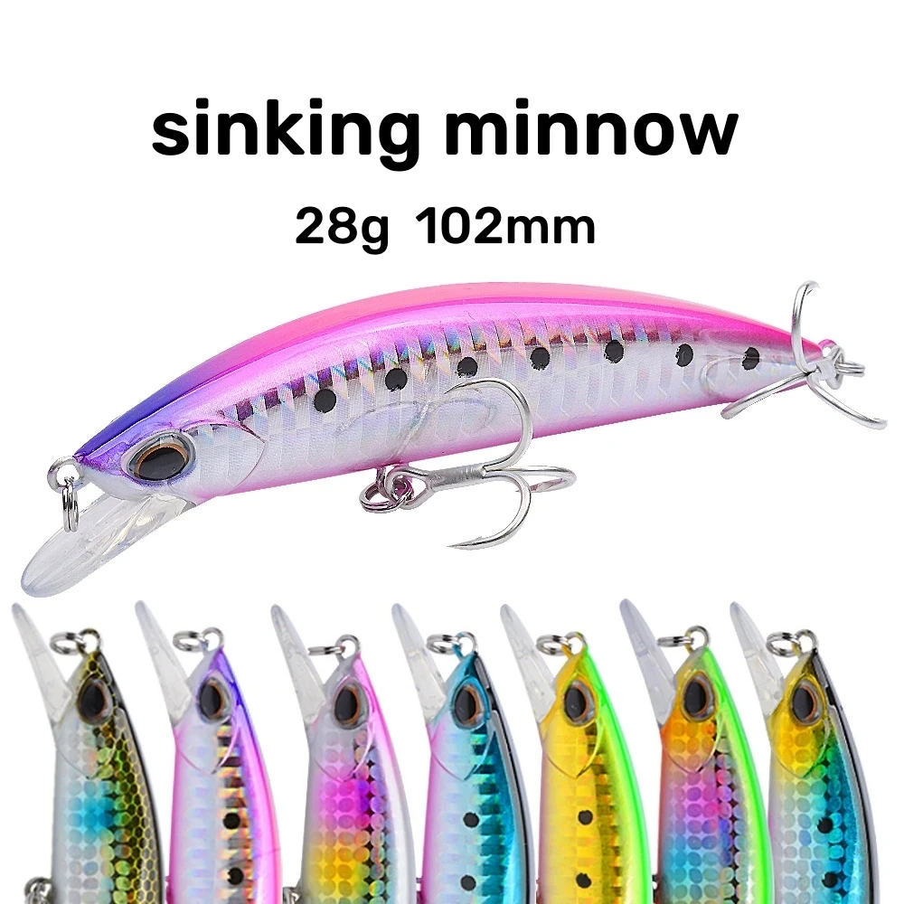 Realistic 3D Eyes Fishing Lures 1pc, 28g/90mm Sink Minnow Bait for Freshwater/Saltwater Shore Fishing Tackle