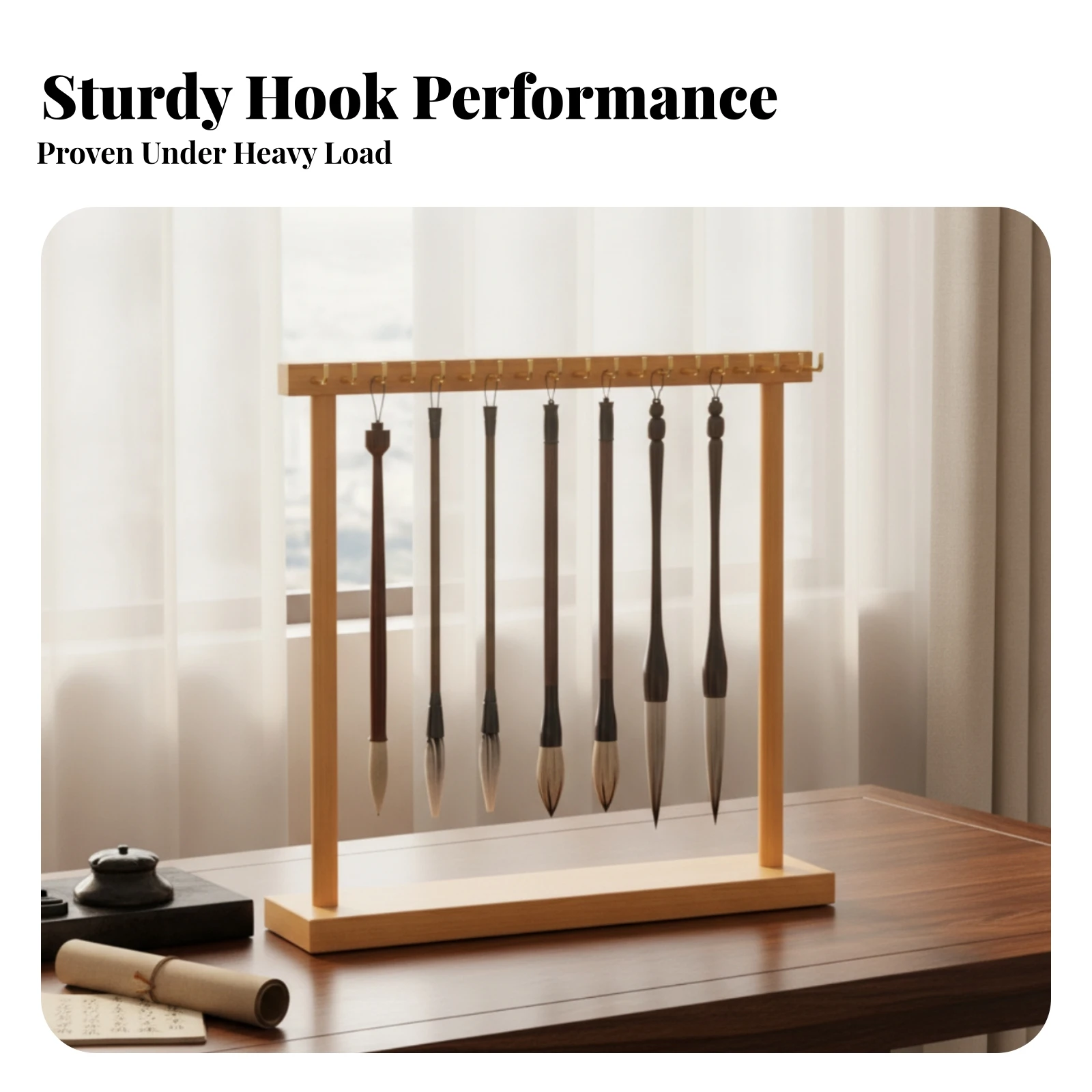 18-Hook Brush Stand Metal Hooks Calligraphy Brush Holder Desk Organizer Rectangular Base Tabletop