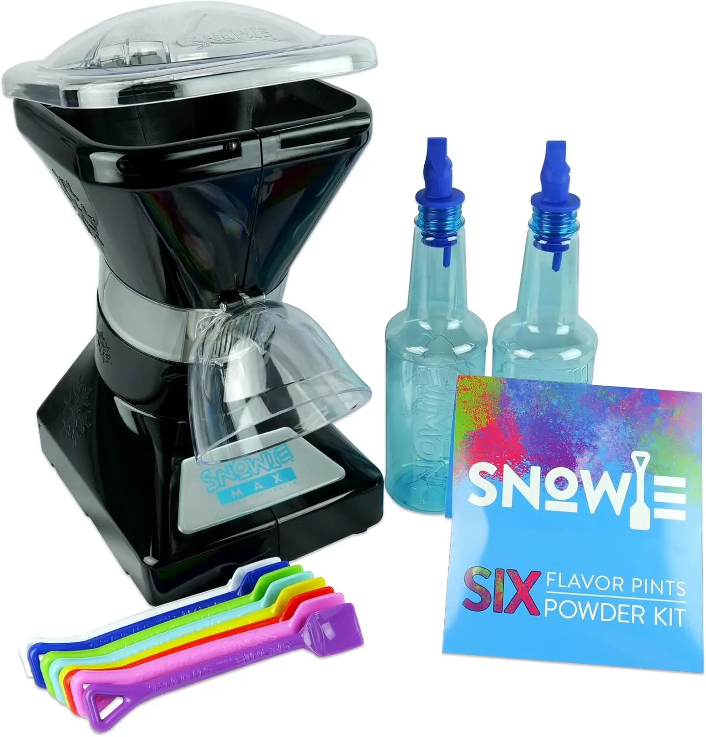 ماكينة مخروط الثلج الصغيرة Snowie Max ، صانع الثلج المحلق الممتاز ، مع عصي البودرة ، مزيج شراب ، مجموعة 6 عصا ، أسود