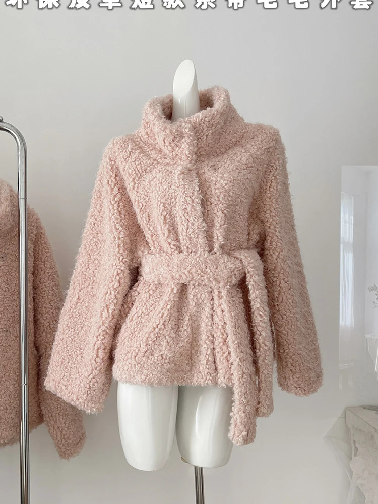 Winter Women Lambs Wool Coat Teddy Solid Color Jacket Elegant Tunic Outwear Stylish Korean Fashion Tide Thick Warm Stand Collar